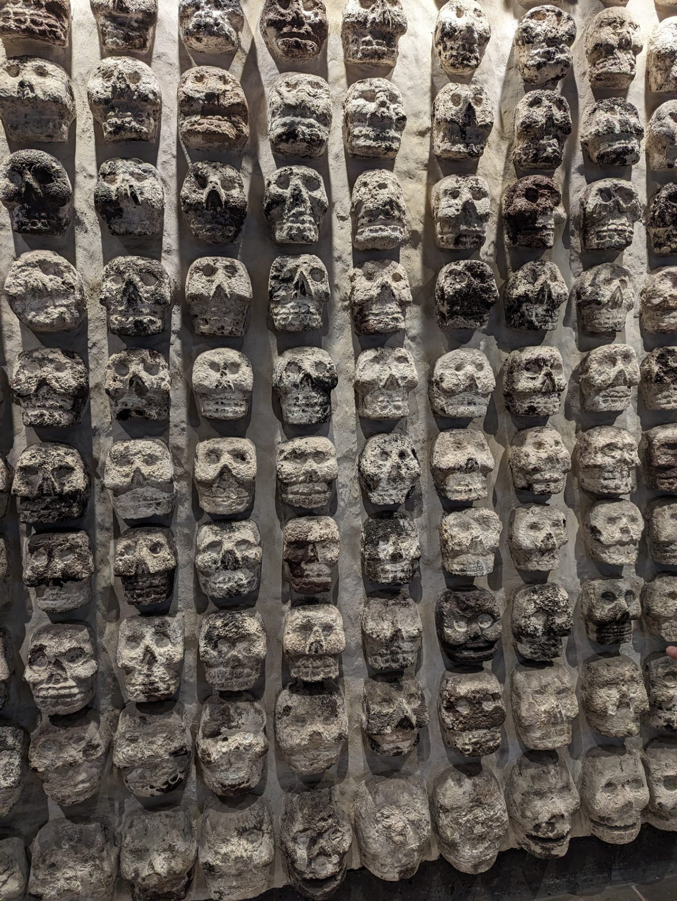 A wall of carved stone skulls at the Templo Mayor in Mexico City