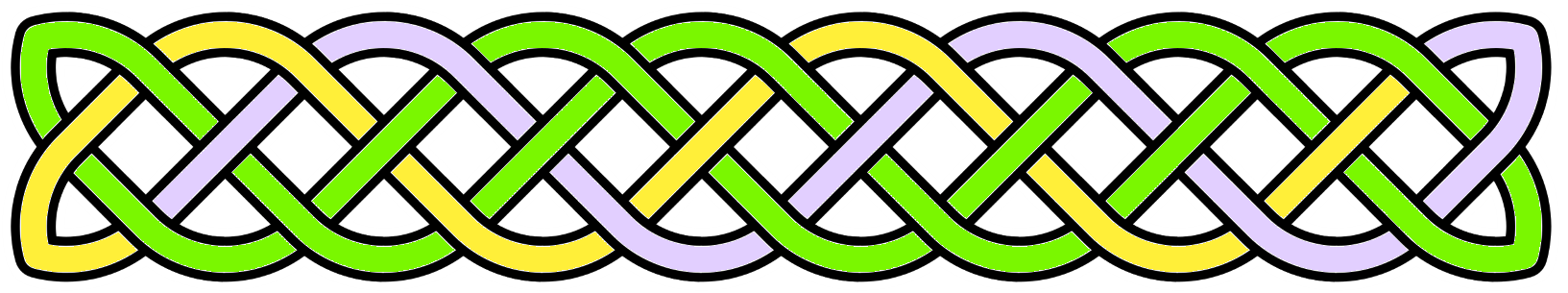 Ostara banner: Celtic knotwork in green, yellow and lilac