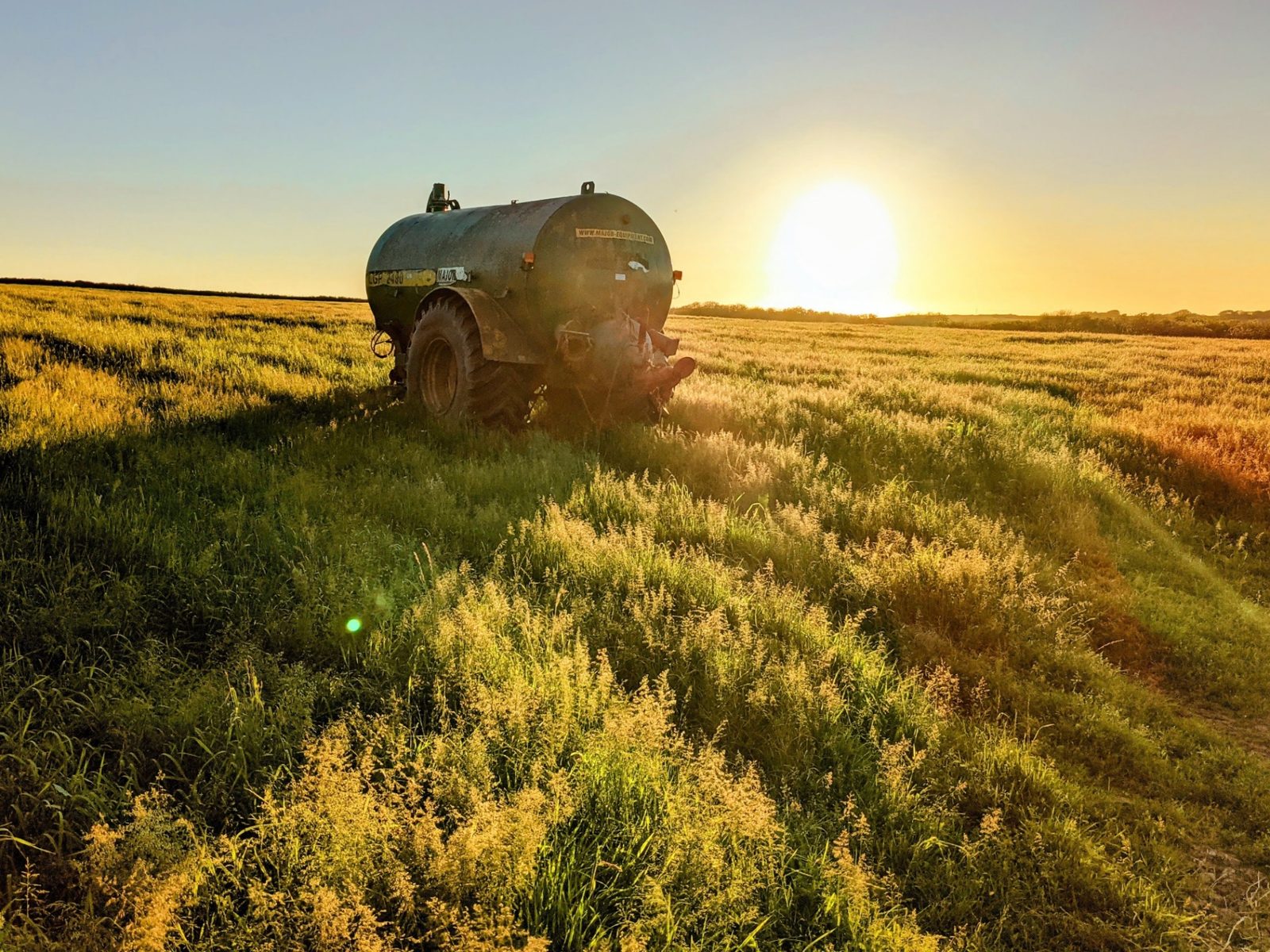 A sunset over a summer field with a water bowser among tall grasses